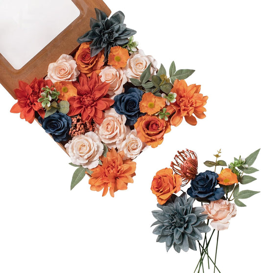Artificial Flowers DIY Bouquet Combo Faux Rose for Home Decor | Orange Navy Blush Gray, Realistic Fake Flowers for Vase, Floral Arrangement, Centerpieces, Wedding, Party Decoration