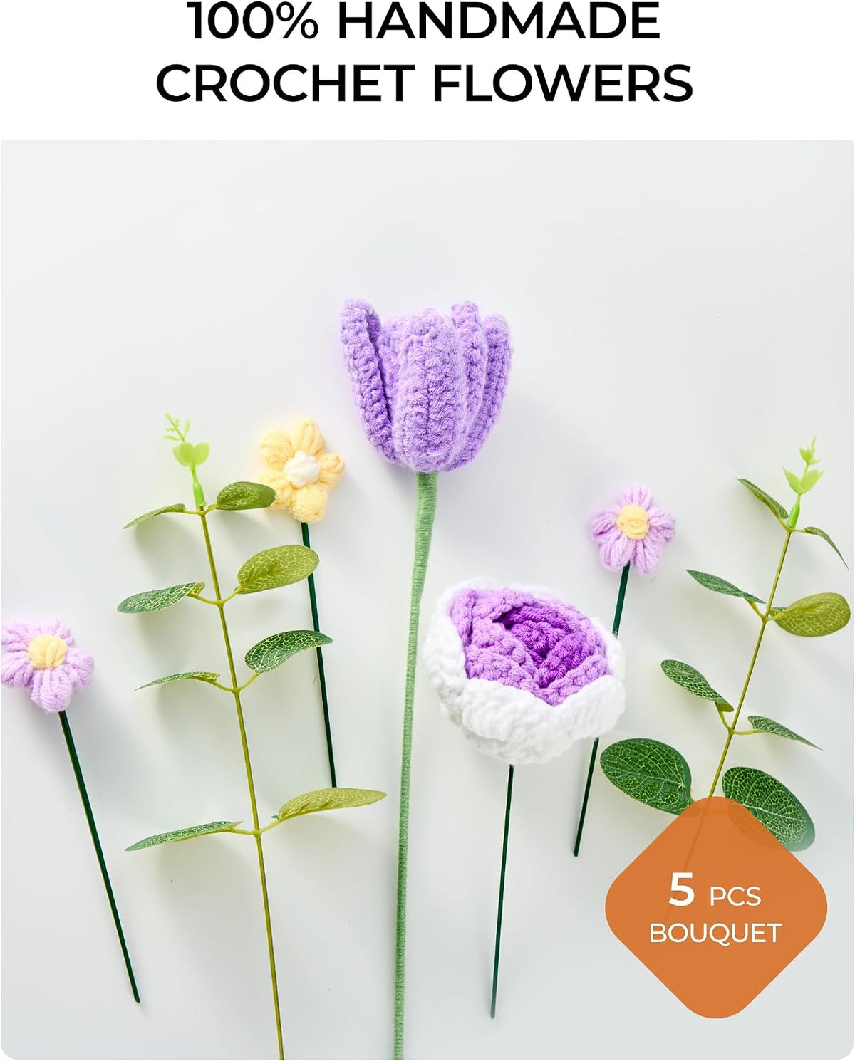 Crochet Flowers Bouquet Valentine's Day Gift for Wife Girlfriend Mother Women, Handmade Artificial Knit Purple Rose Tulip Flower for Wedding Anniversary Birthday Valentine Present, Home Decor