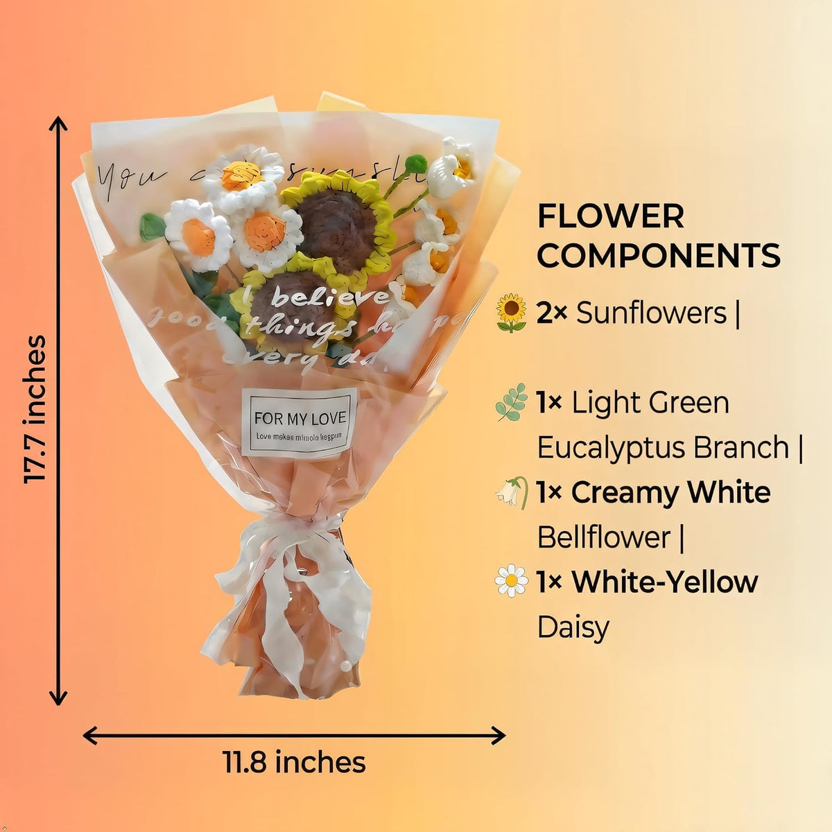 Handmade Crochet Sunflower Bouquet with White Daisy | 5 stems, 17.7x11.8 in; sunflowers, eucalyptus, white daisy; cotton yarn; handcrafted; gift wrapped
