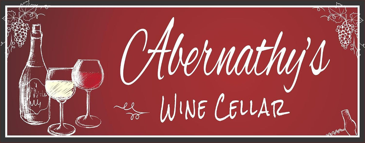 Personalized Wine Cellar Wall Art – Custom Red Chalkboard Style Sign with Wine Bottle & Glass Graphics, Grape Accents, Editable Text for Home or Bar
