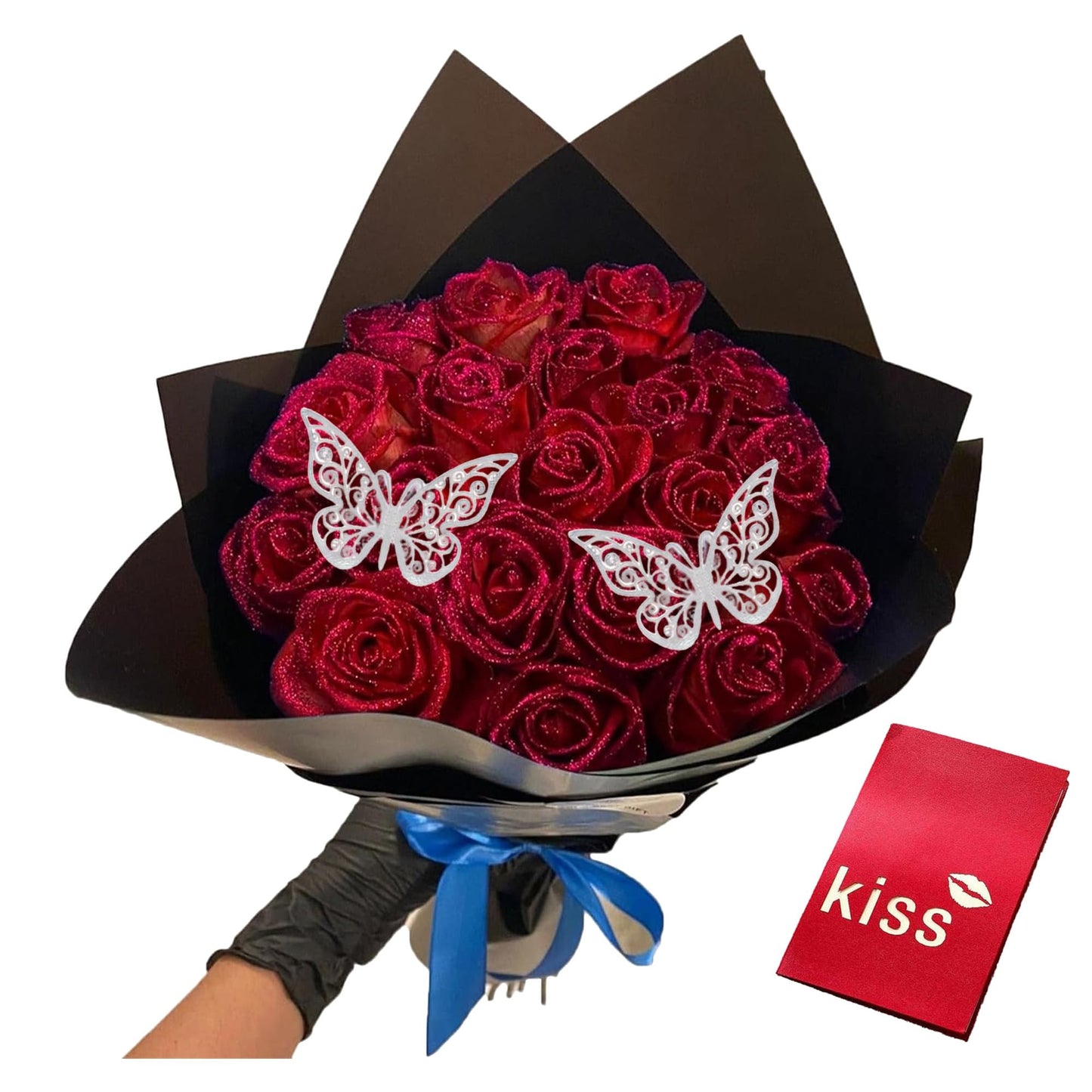 Light Pink Glitter Flower Bouquet, 36 Pcs DIY Artificial Glitter Rose Bouquet with Bear & Butterfly & Golden Crown, Eternal Flowers Gifts for Her, Girlfriend, Valentines, Birthday, Mother's Day
