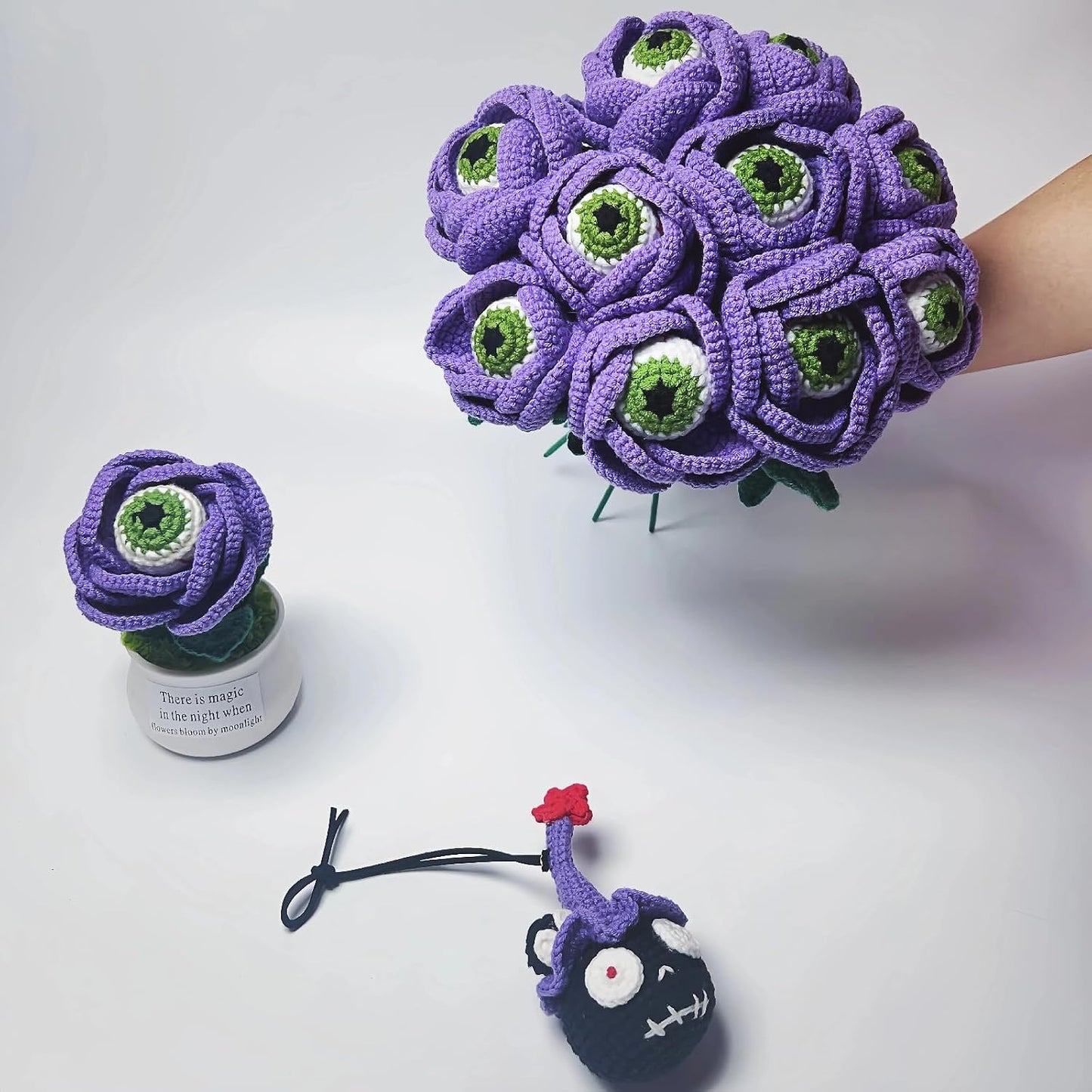 1PC Spooky Crochet Rose Flower with Knitted Evil Eye, Gothic Artificial Flower, Handmade Crochet Gift for Graduation Anniversary Birthday Halloween, Floral Bouquet Décor for Home Office(A-Purple)