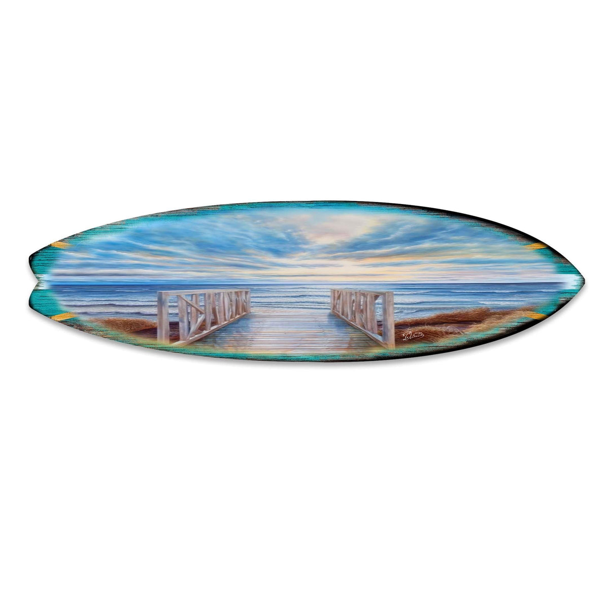 36-inch Wooden Pier Surfboard Wall Art, Handcrafted Coastal Holiday Décor by G. Debrekht