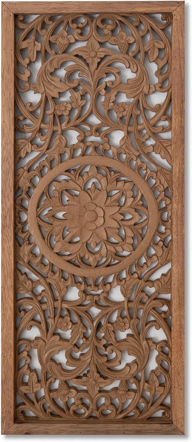Amara Boho Carved Wood Wall Art, Handmade in Bali Mandala Panel Decor, Natural Brown Vertical Farmhouse Wall Hanging Accent, 39 x 16 in
