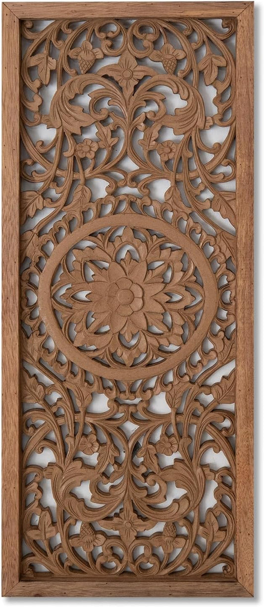 Amara Boho Carved Wood Wall Art, Handmade in Bali Mandala Panel Decor, Natural Brown Vertical Farmhouse Wall Hanging Accent, 39 x 16 in