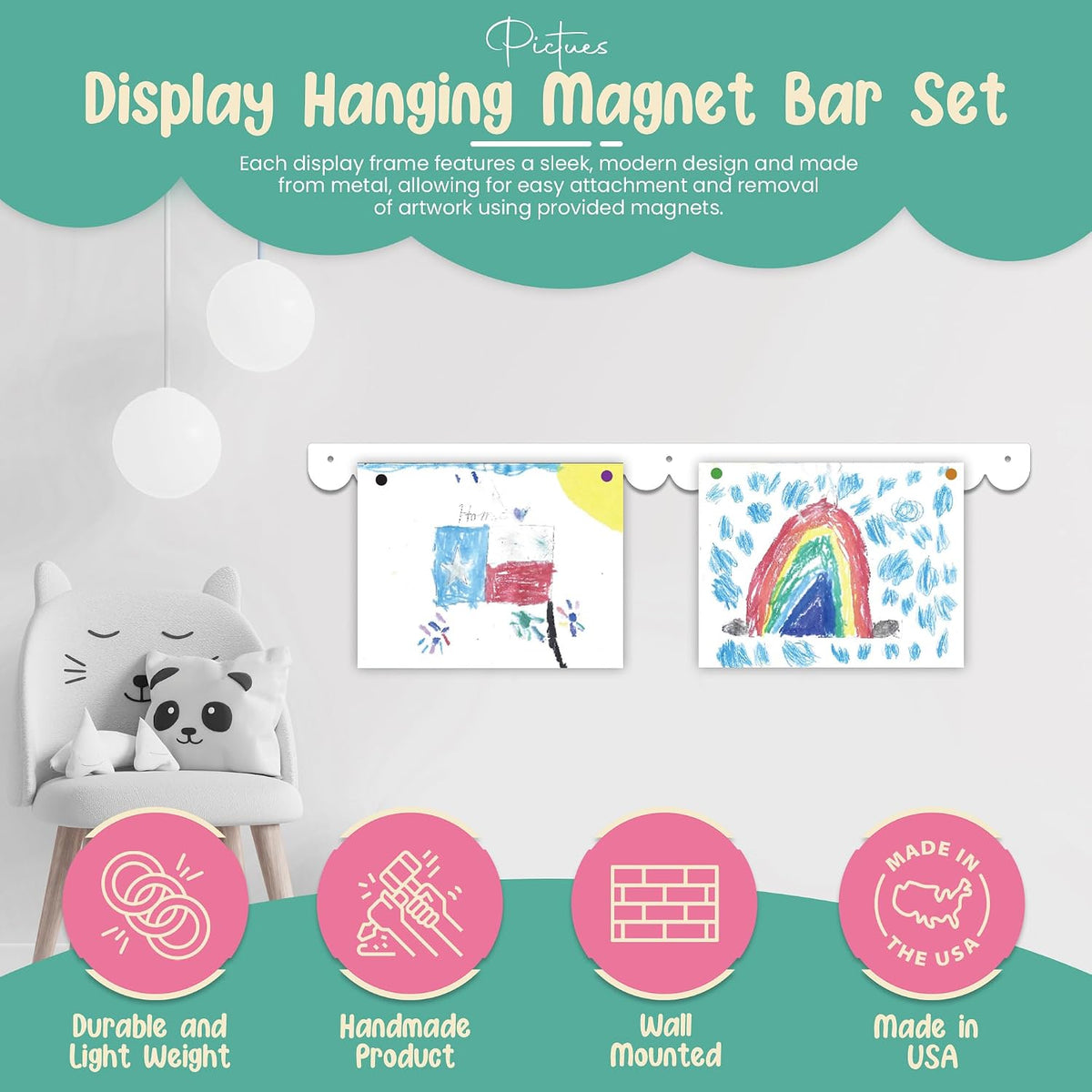 Scalloped Magnetic Art Display for Kids Artwork & Photos (Set of 2) – Kids Artwork Display for Wall – Magnetic Photo Display Strips with Push-Pin Magnets (White, 23in)