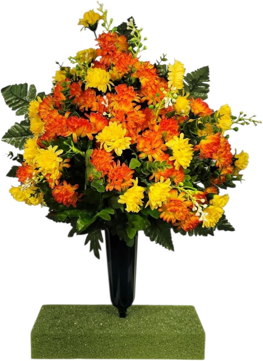 Realistic Artificial Cemetery Flowers - Silk Faux Floral Orange Yellow Mini Mum Bouquet for Grave - Headstone Decoration - Memorial Flowers