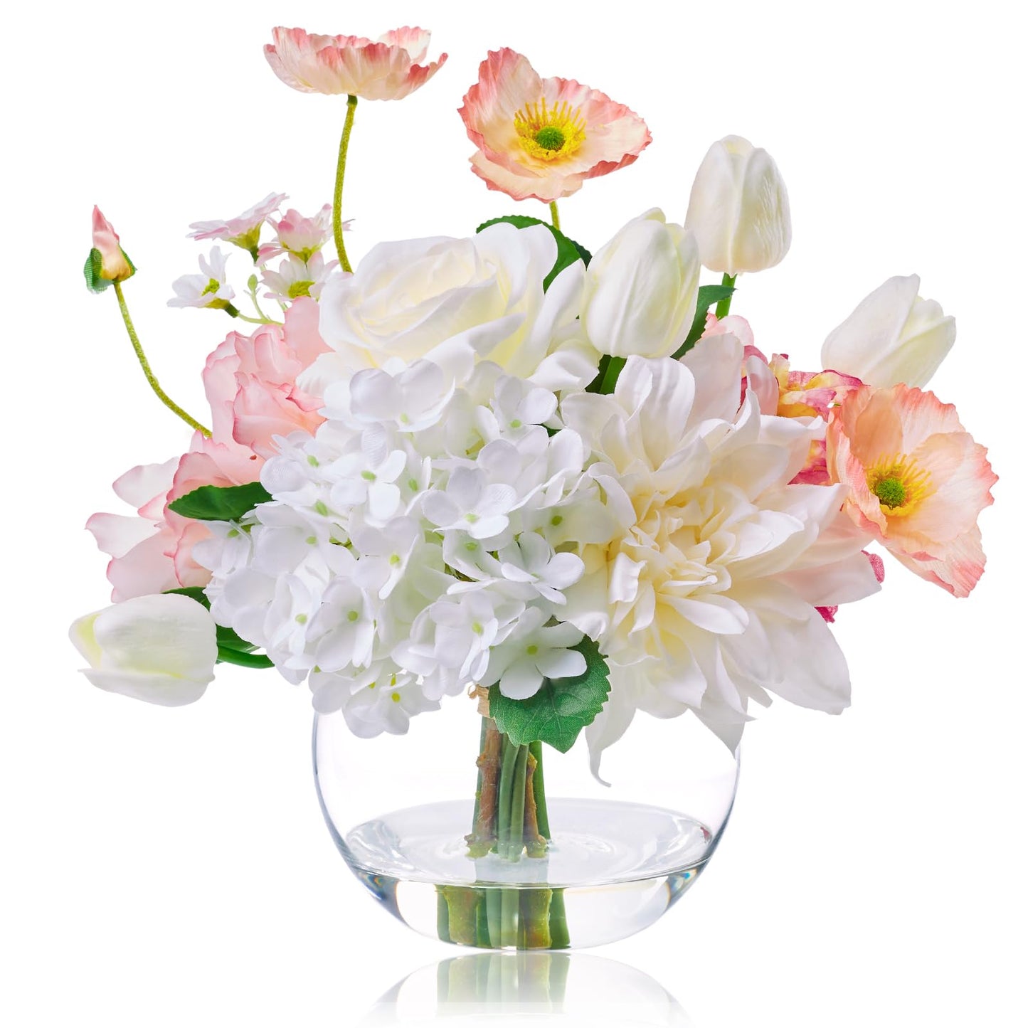 WELL KNOWN Artificial Flowers with Vase, Silk Blue & White Flower Bouquet | Hydrangea Peony in Vase with Faux Water for Home Decor, Fake Tulips Flower Arrangements for Wedding Party Table Centerpieces