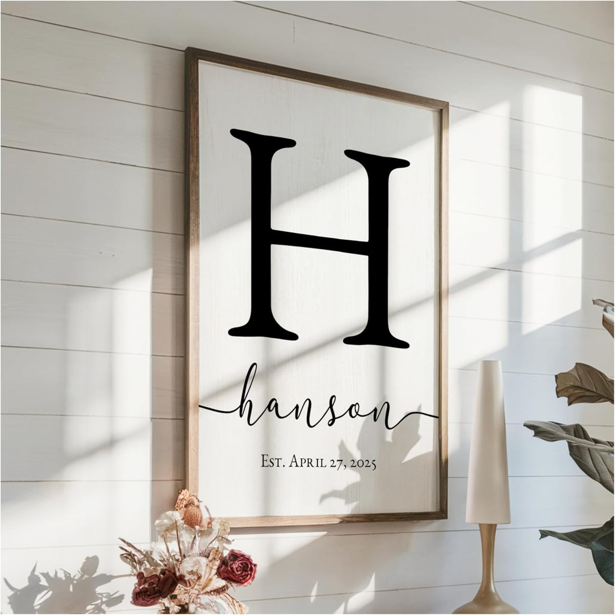 Personalized Monogram Framed Name Sign 12x18 – Custom Wall Decor Grey | solid poplar frame, white background, printed no decals, 4 sizes, add surname, wedding housewarming gift