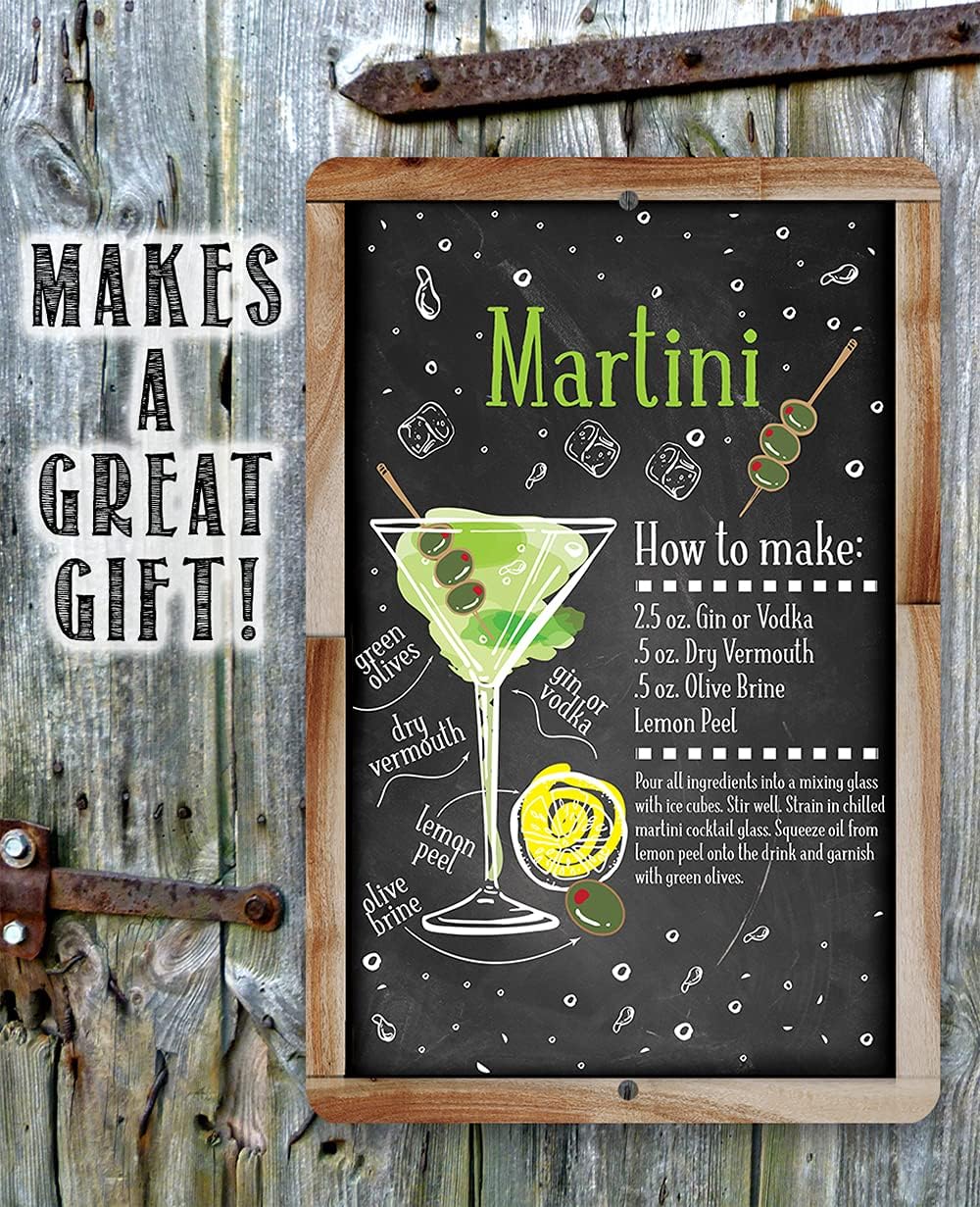 Martini Bar Recipe - Great Cocktail Drink Alcohol Mix Decoration, Home Bar and Shed Decor, Kitchen and Bar Restaurant Display, 8x12 Indoors or Outdoors Durable Chalkboard Wood Framed Style Metal Sign