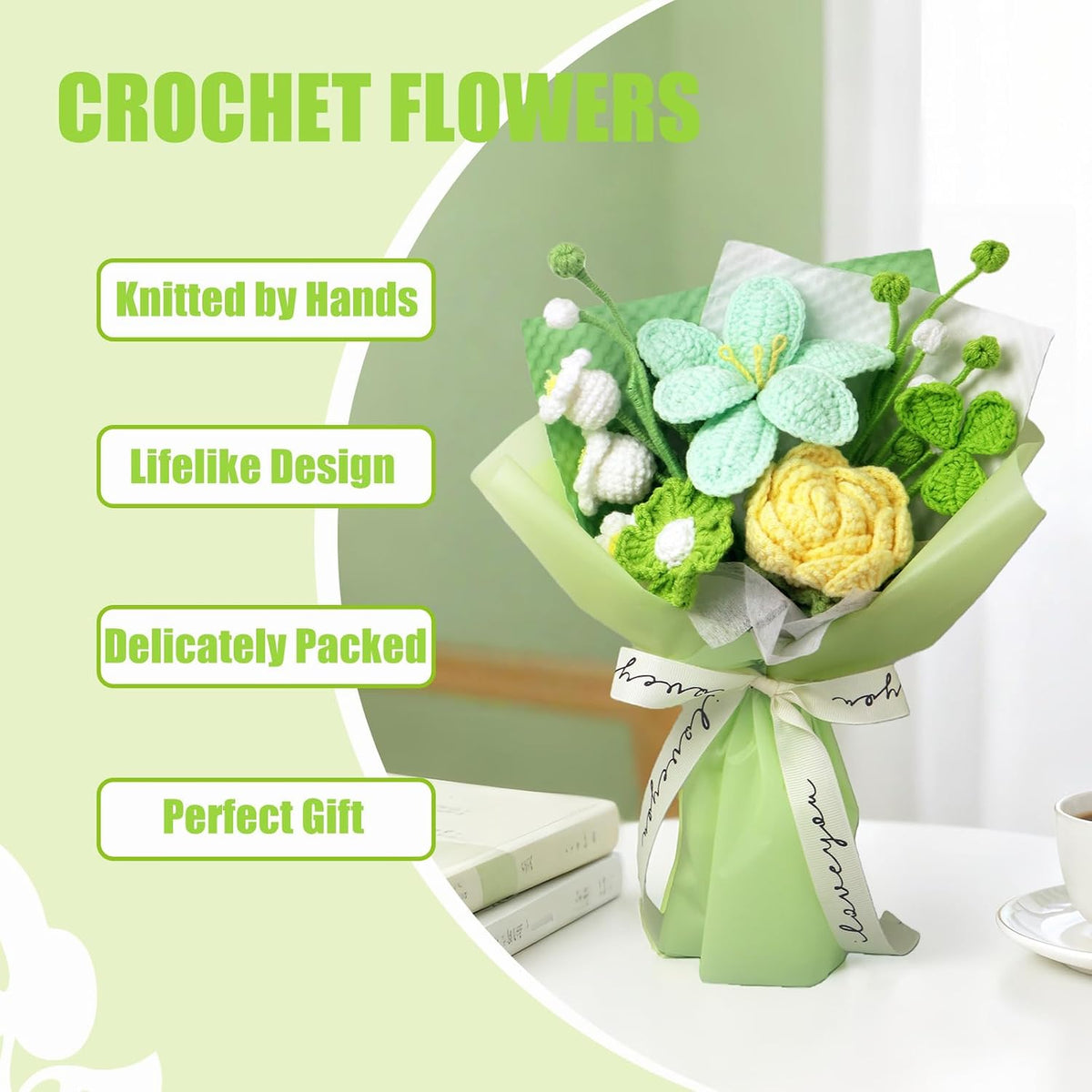 Handmade Knitted Flowers Bouquet,Crochet Rose Flower &Knitted Lily Bouquet with Lily of The Valley,Artificial Bouquet for Home Decor,Wedding, Anniversary, Birthday, Graduation (Green Spring)