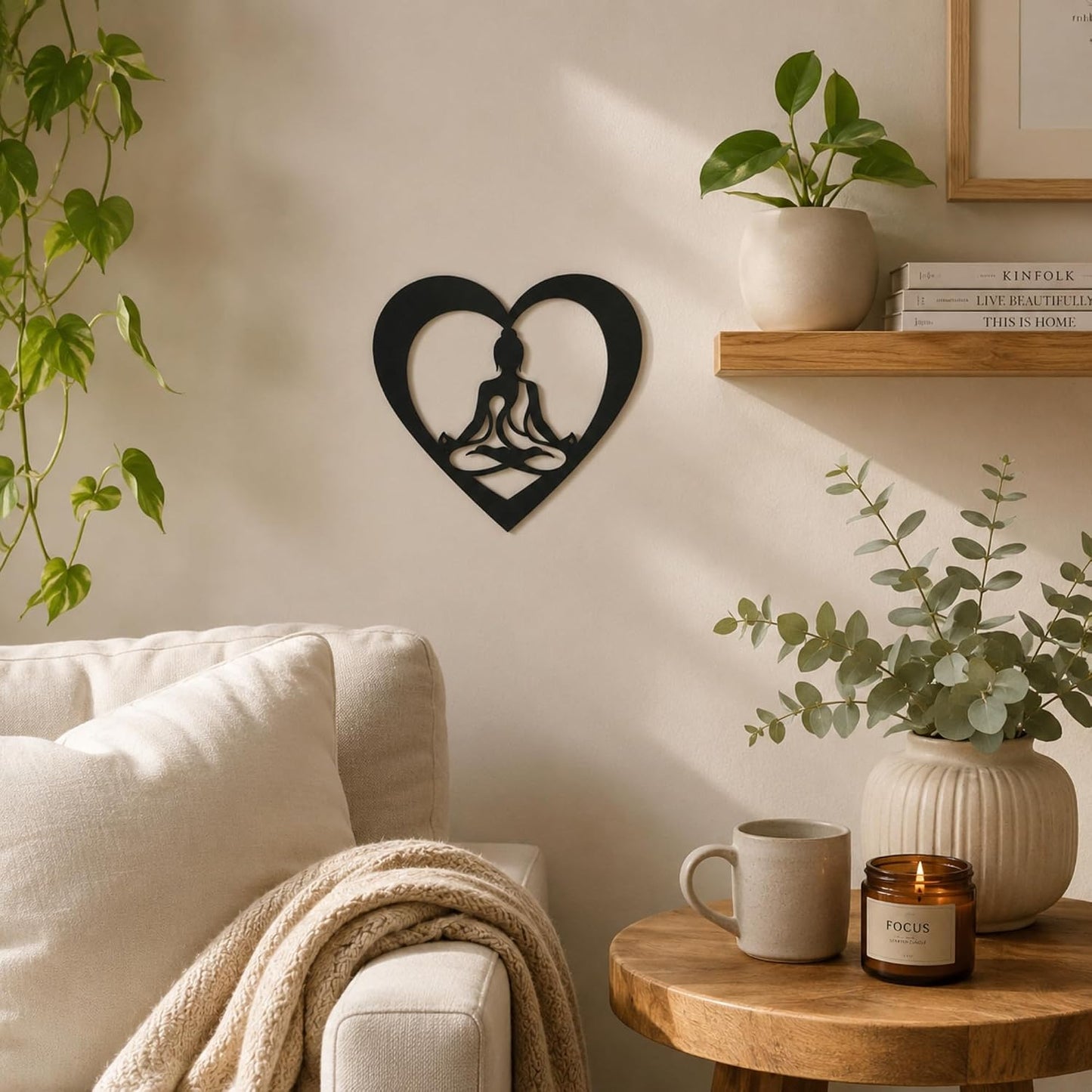 Meditation Heart Metal Wall Art, Yoga Room Decor, 12 x 11.4 Inch | Smooth matte black powder-coated finish gives a clean modern look for minimalist and boho spaces.