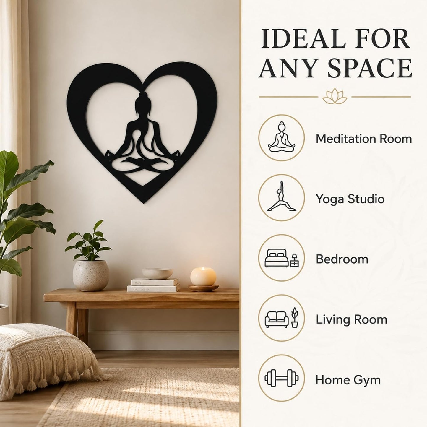 Meditation Heart Metal Wall Art, Yoga Room Decor, 12 x 11.4 Inch | Smooth matte black powder-coated finish gives a clean modern look for minimalist and boho spaces.