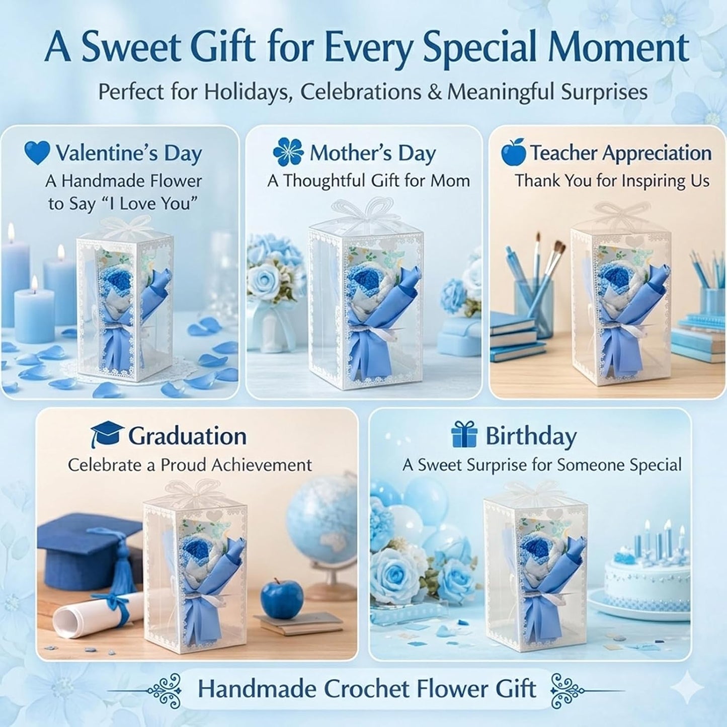 Crochet Flower Bouquet Message Card & PVC Box, Warm Gift for Her, Blue | Add-on-gift