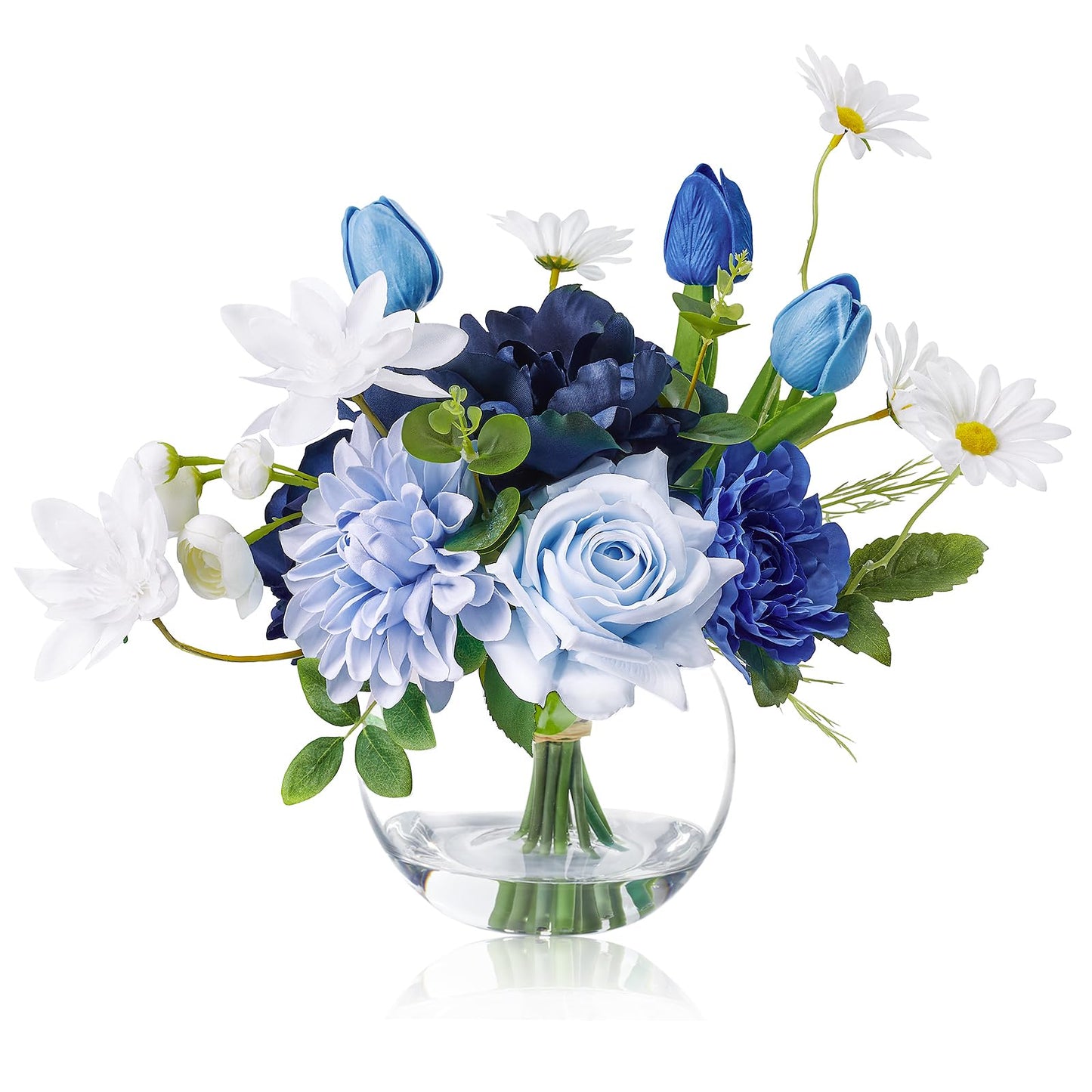 WELL KNOWN Artificial Flowers with Vase, Silk Blue & White Flower Bouquet | Hydrangea Peony in Vase with Faux Water for Home Decor, Fake Tulips Flower Arrangements for Wedding Party Table Centerpieces