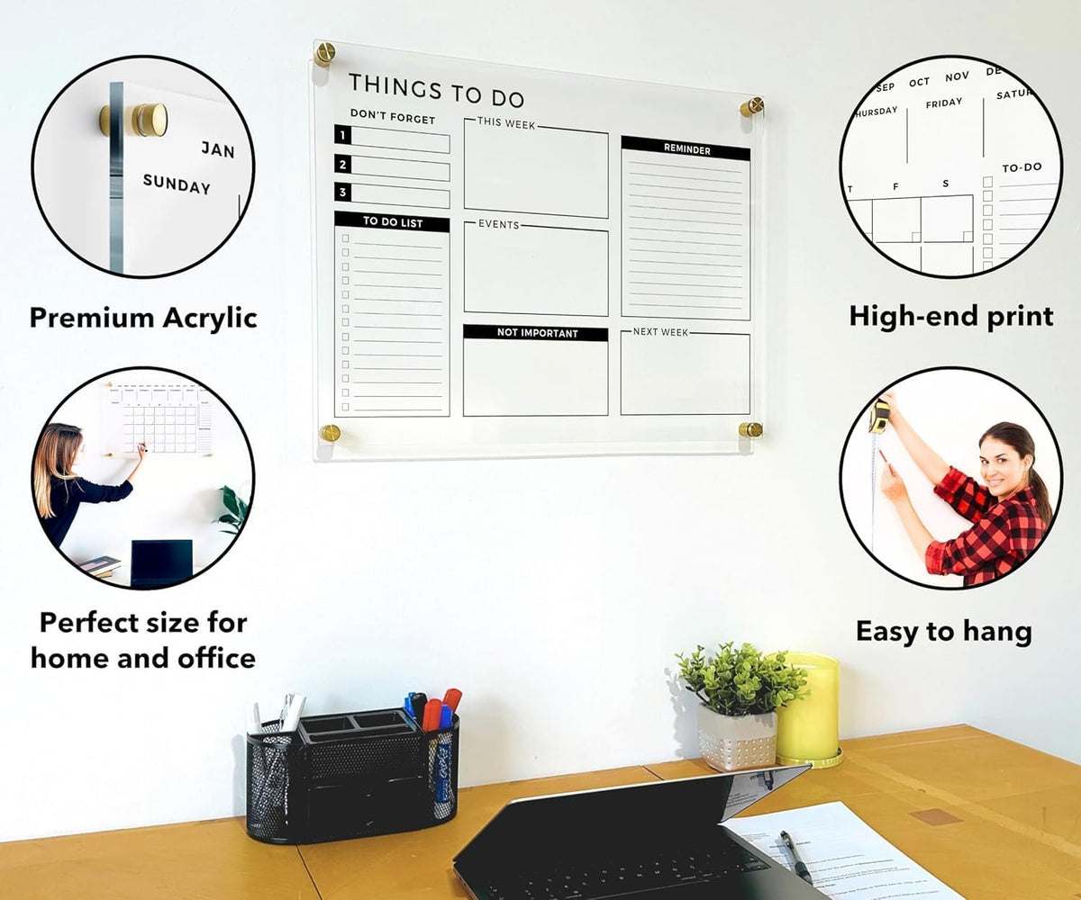 Acrylic Premium Wall Planner - Large Glass Calendar for Wall - to Do List Reminder - Large Dry Erase Board - Reusable Board for Office and Home - Dry Erase Board (Gold Standoff, 18"x14" (Small))