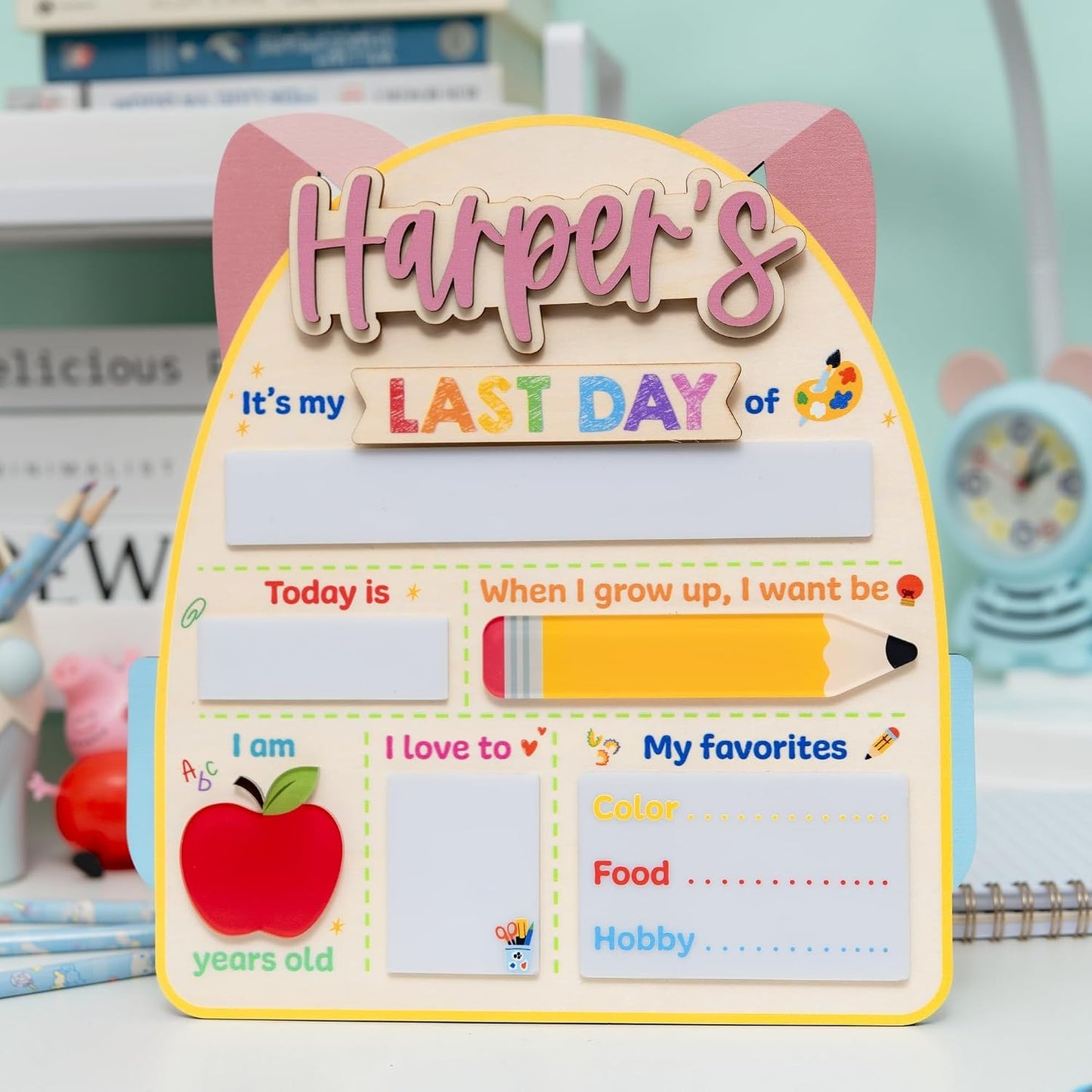 Personalized First Day of School Board with Custom Name, Reusable First & Last Day School Milestone Sign, Dry Erase Photo Board for Preschool, Pre-K, Kindergarten, Includes Marker (D23)