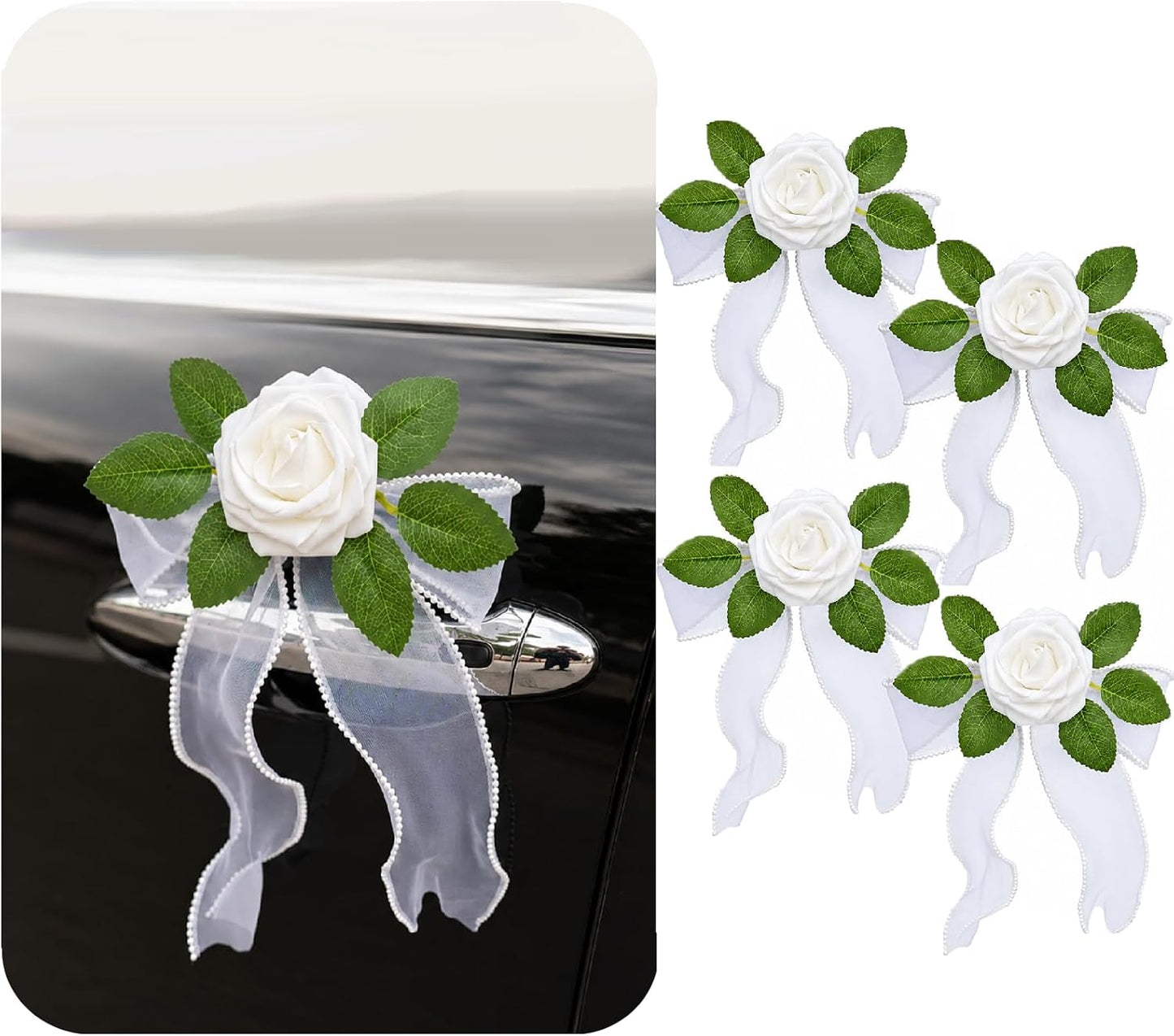 4PCS Artificial Rose Door Handle Flowers Wedding Car Decorations | Just Married Vehicle Decor Kit Flower with Pearl Tulle Bow & Suction Cup, Newlyweds Send Off,Engagement Party Accessories
