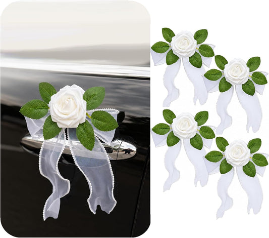 4PCS Artificial Rose Door Handle Flowers Wedding Car Decorations | Just Married Vehicle Decor Kit Flower with Pearl Tulle Bow & Suction Cup, Newlyweds Send Off,Engagement Party Accessories