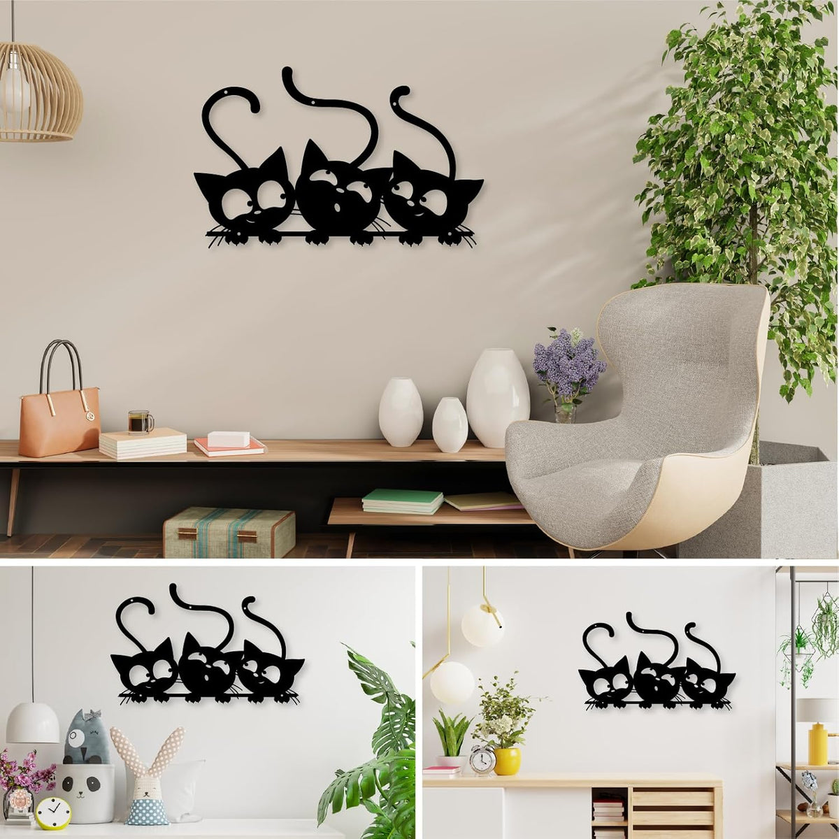 Monlyey Three Black Cat Wall Art, Metal Cat Wall Decor, Black Cat Wall Sculpture For Cats Lover, Minimalist Room Living Room Patio Wall DéCor (Length:12 Inches)