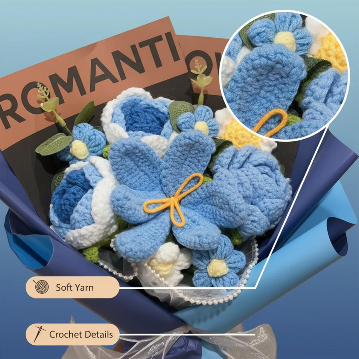 Crochet Flower Bouquet, Handmade BlueTulip Rose Gift for Women(with Card) | Skin-Friendly Odor-Free Yarn, Everlasting No Watering Needed,Vivid Full-Bloom Shape, Ideal Gift For Mom, Daughter & Sister