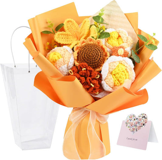 Handmade Crochet Flower Bouquet, Preserved Forever Knitted Yarn Flowers with Bag & Card, Artificial Rose Daisy, Teacher Appreciation Gifts for Women, Mother's Day Birthday Gift Orange Sunflower