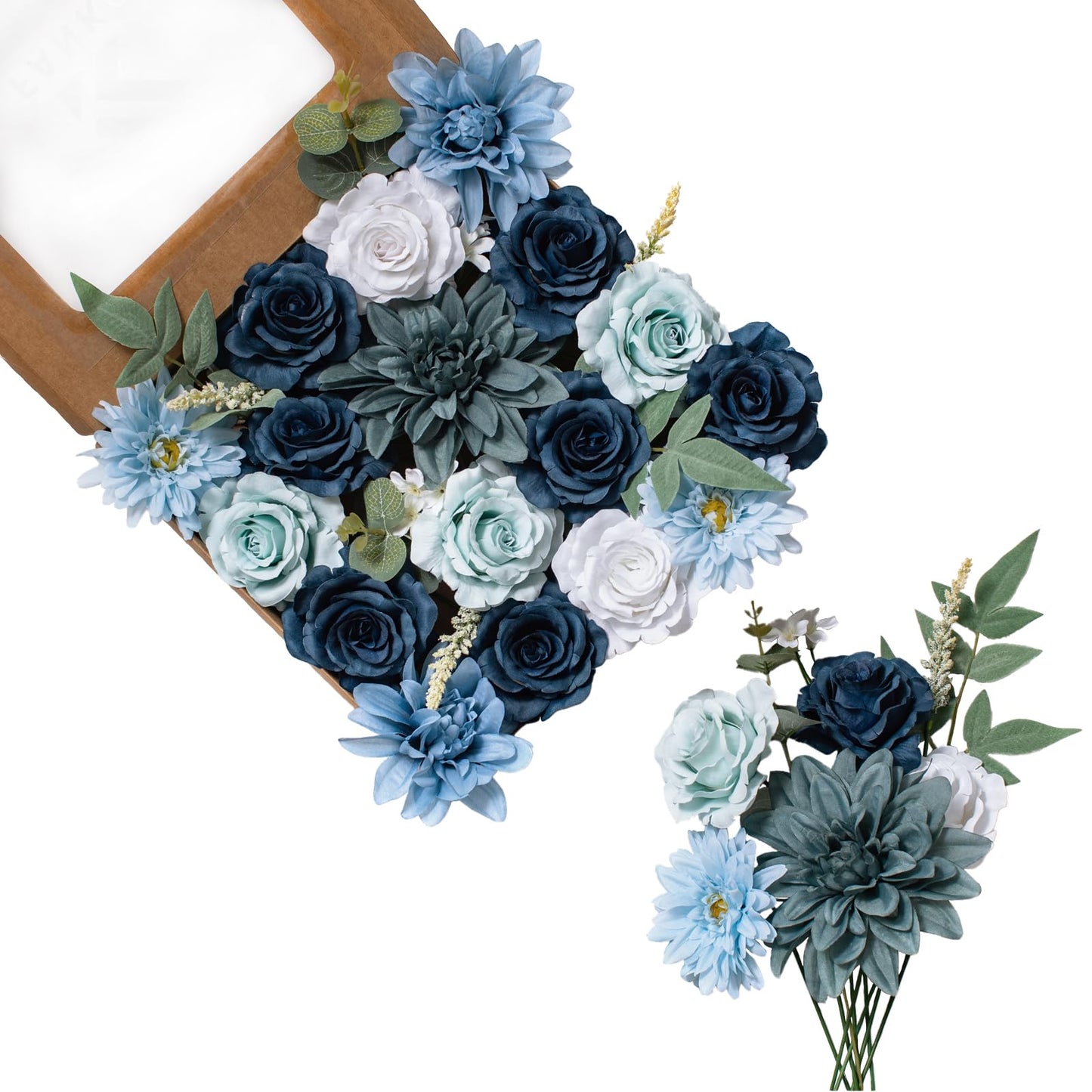 Artificial Flowers DIY Bouquet Combo Faux Rose for Home Decor | Blue White Fake Roses Dahlia Daisy Silk Flowers for Vase, Wedding Centerpiece, Floral Arrangement Décor
