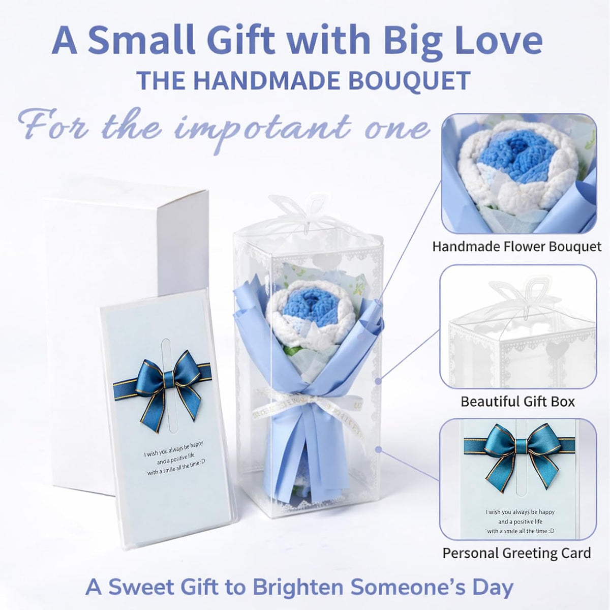 Crochet Flower Bouquet Message Card & PVC Box, Warm Gift for Her, Blue | Add-on-gift