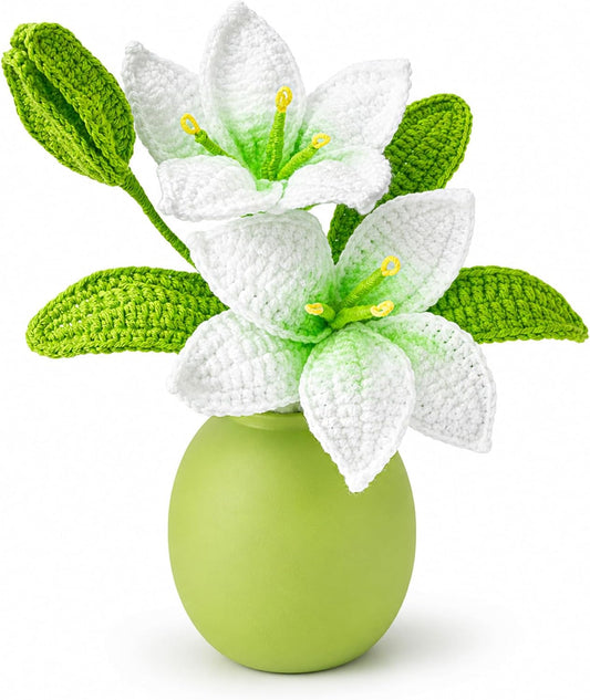 Handmade Knitted Crochet Lily Bouquet in Vase,Knitted Artificial Lilies | Artificial Fake Flower Decor for Home Table Centerpiece,Home Office Desktop Ornament,Handcraft Gift for Mother Wife Friends