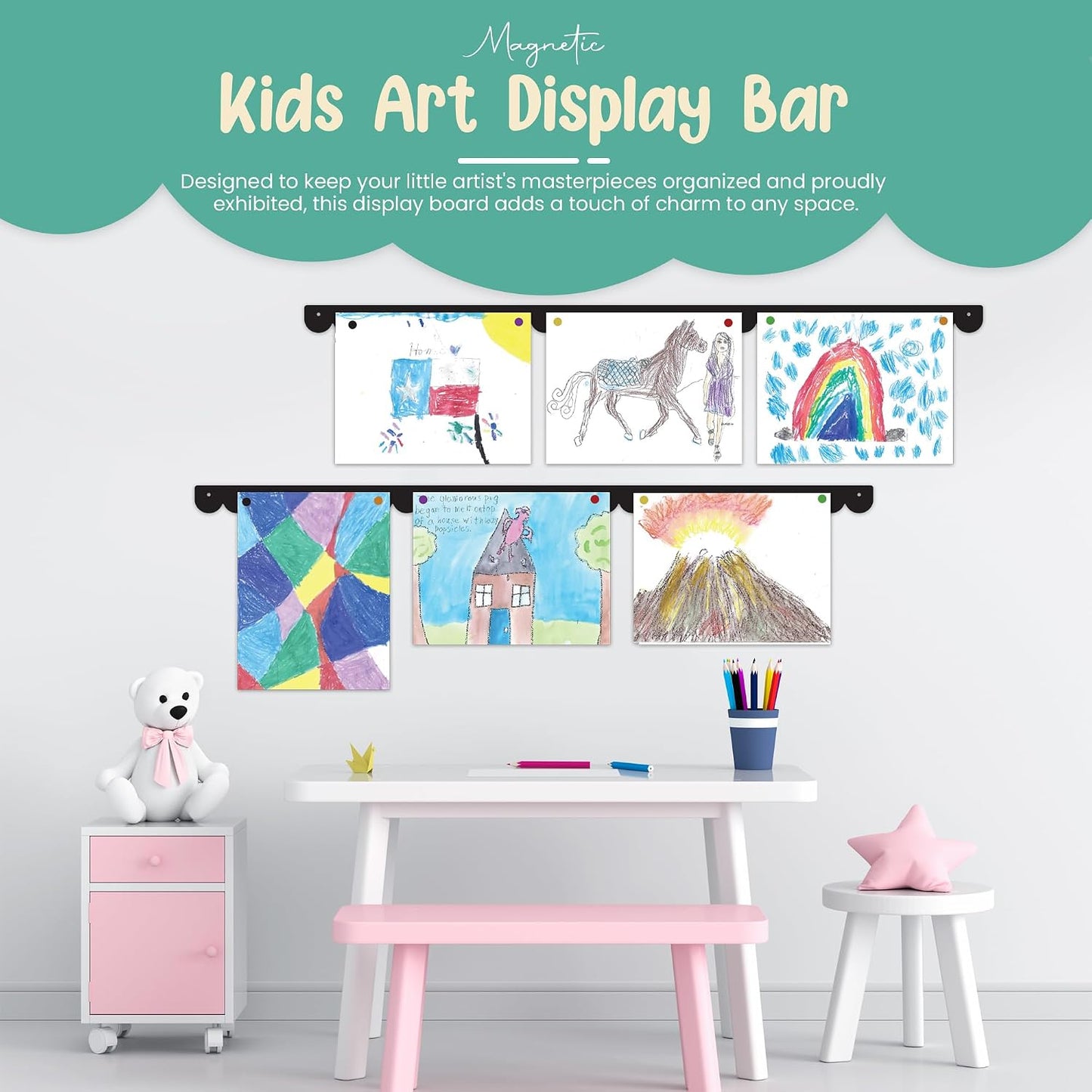 Scalloped Magnetic Art Display for Kids Artwork & Photos (Set of 2) – Kids Artwork Display for Wall – Magnetic Photo Display Strips with Push-Pin Magnets (Black, 35in)