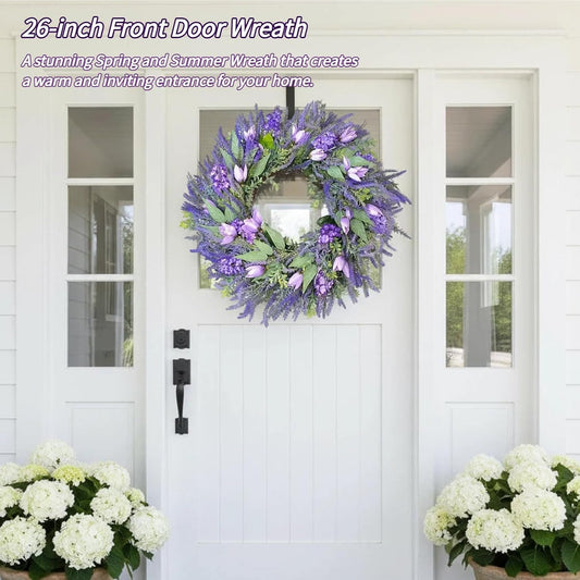 26" Purple Tulip and Lavender Wreath - Artificial Spring Summer Flower Wreath for Outside - Silk Lavender Floral Decor for Front Door, Farmhouse Cottagecore Wall Hanging