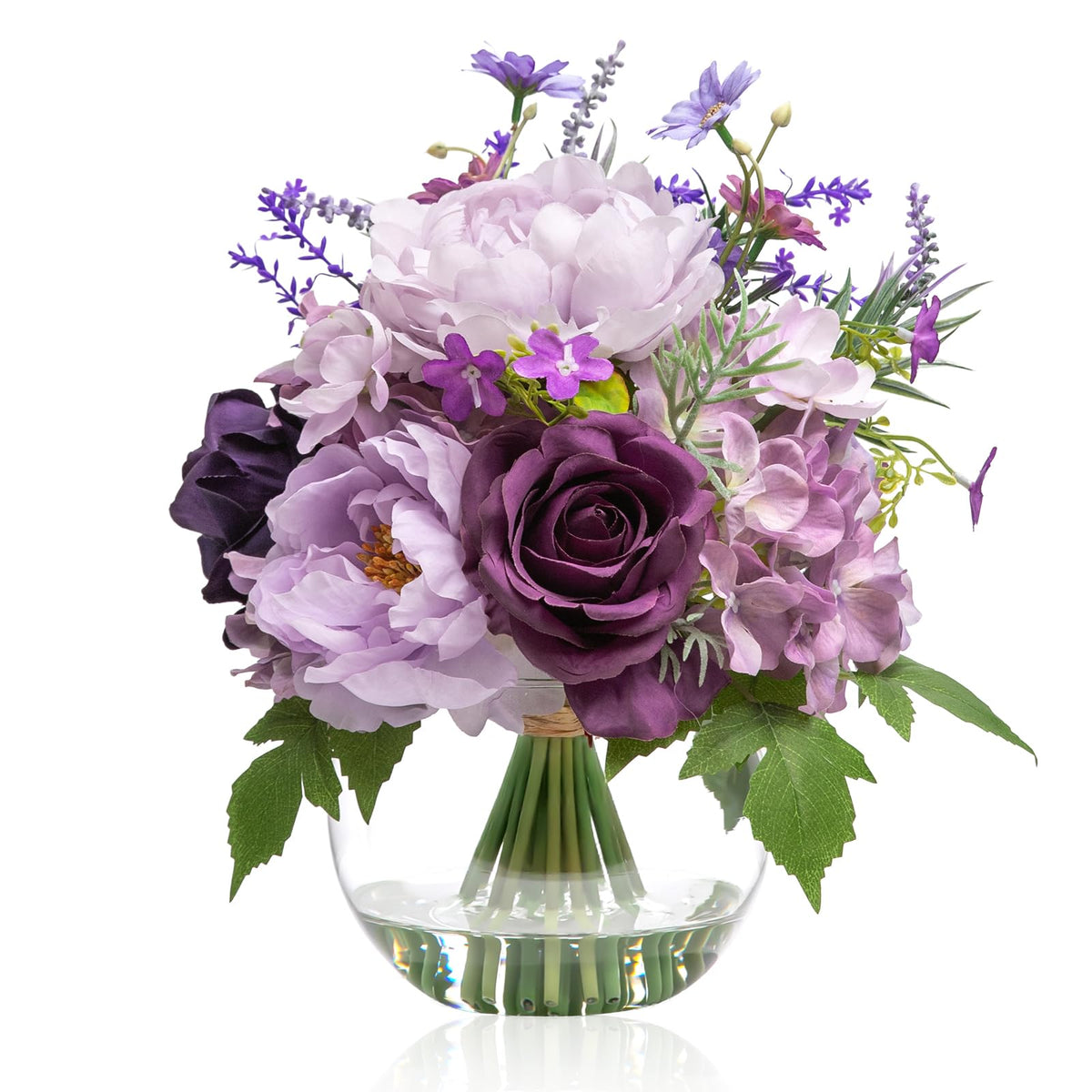 WELL KNOWN Artificial Flowers with Vase, Silk Blue & White Flower Bouquet | Hydrangea Peony in Vase with Faux Water for Home Decor, Fake Tulips Flower Arrangements for Wedding Party Table Centerpieces