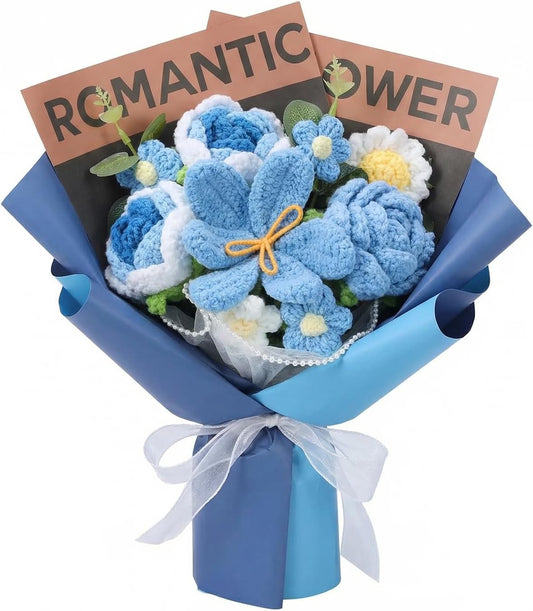 Crochet Flower Bouquet, Handmade BlueTulip Rose Gift for Women(with Card) | Skin-Friendly Odor-Free Yarn, Everlasting No Watering Needed,Vivid Full-Bloom Shape, Ideal Gift For Mom, Daughter & Sister