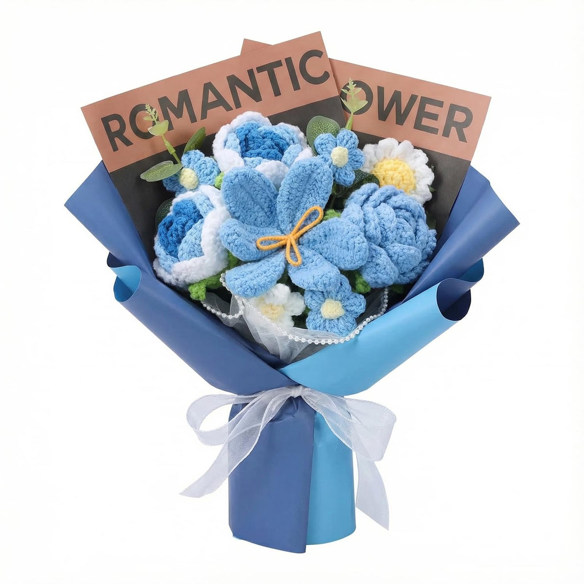 Crochet Flower Bouquet, Handmade BlueTulip Rose Gift for Women(with Card) | Skin-Friendly Odor-Free Yarn, Everlasting No Watering Needed,Vivid Full-Bloom Shape, Ideal Gift For Mom, Daughter & Sister