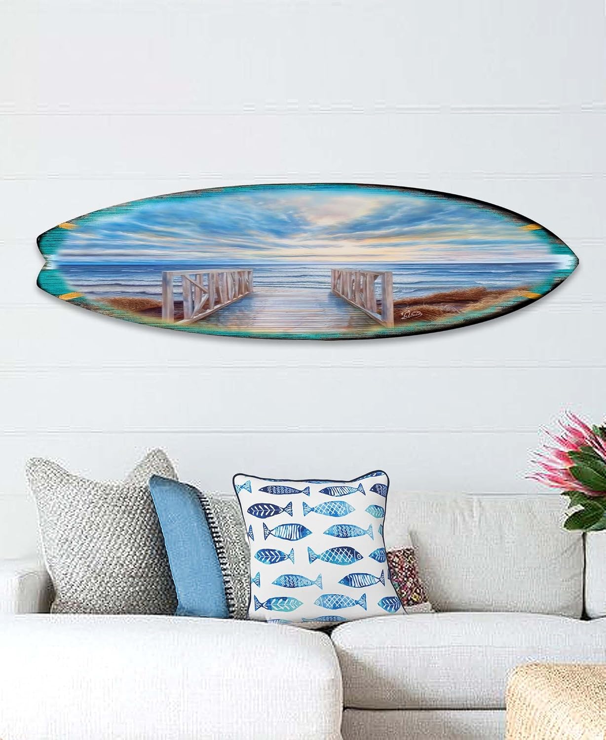 36-inch Wooden Pier Surfboard Wall Art, Handcrafted Coastal Holiday Décor by G. Debrekht