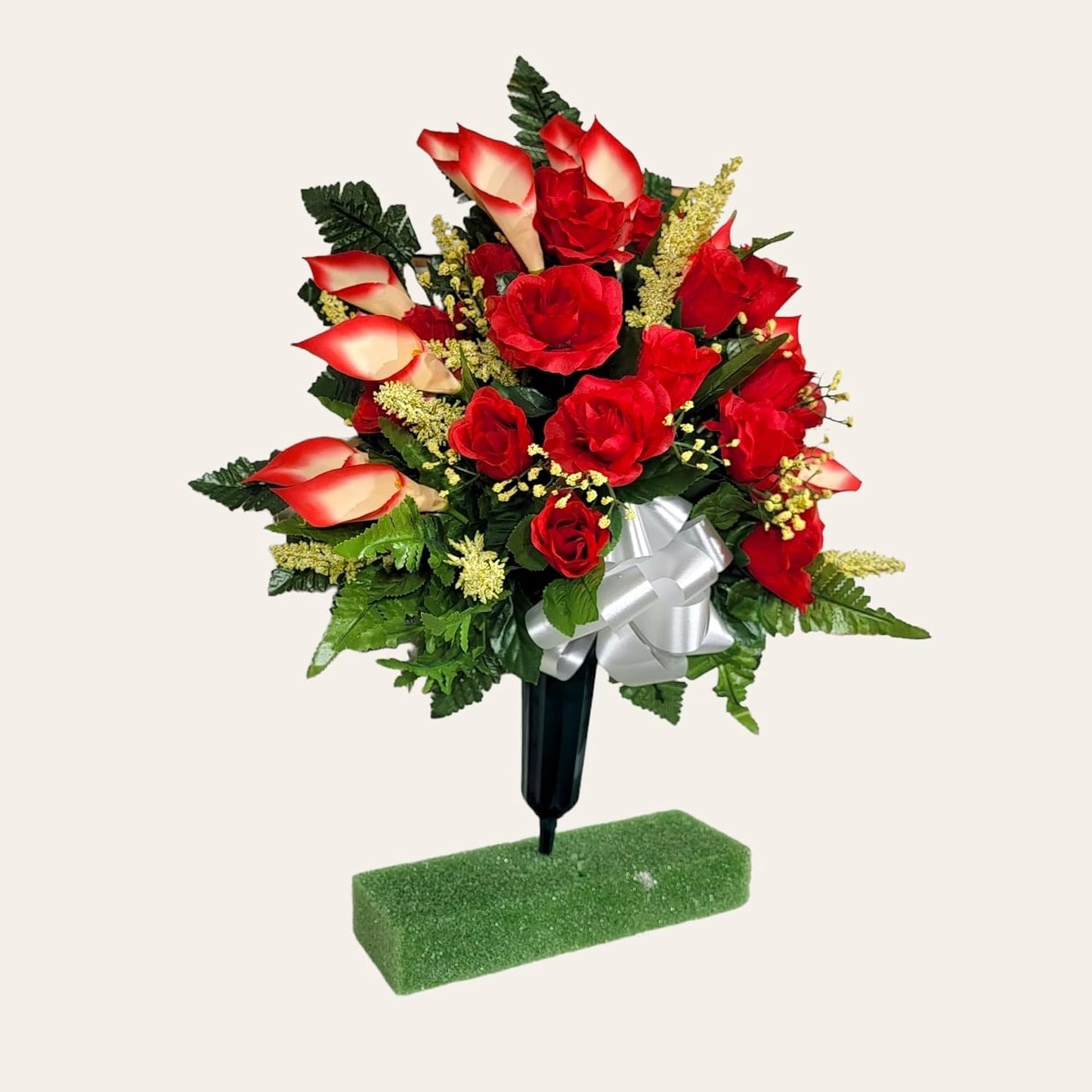Realistic Artificial Cemetery Flowers - Jumbo Silk Faux Floral Red Rose and Calla Lily Bouquet for Grave - 1 Large Headstone Decoration - Memorial Flowers
