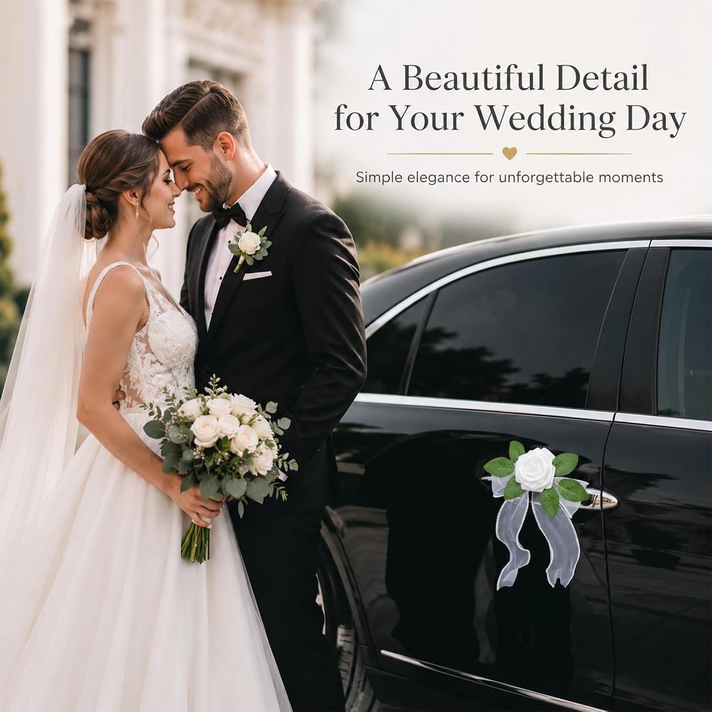 4PCS Artificial Rose Door Handle Flowers Wedding Car Decorations | Just Married Vehicle Decor Kit Flower with Pearl Tulle Bow & Suction Cup, Newlyweds Send Off,Engagement Party Accessories