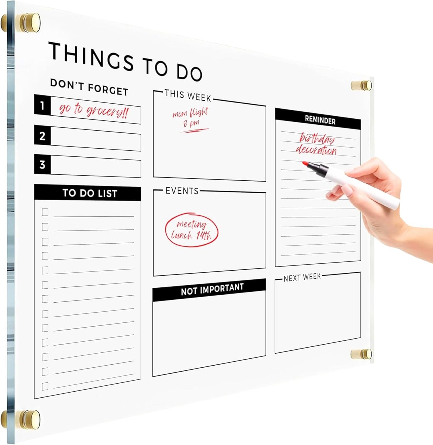 Acrylic Premium Wall Planner - Large Glass Calendar for Wall - to Do List Reminder - Large Dry Erase Board - Reusable Board for Office and Home - Dry Erase Board (Gold Standoff, 18"x14" (Small))