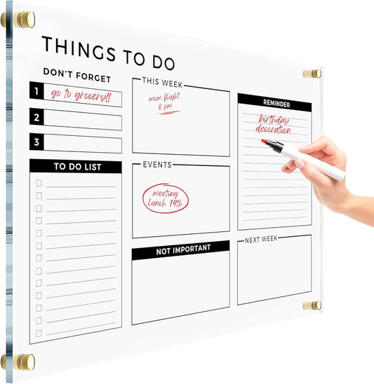 Acrylic Premium Wall Planner - Large Glass Calendar for Wall - to Do List Reminder - Large Dry Erase Board - Reusable Board for Office and Home - Dry Erase Board (Gold Standoff, 18"x14" (Small))