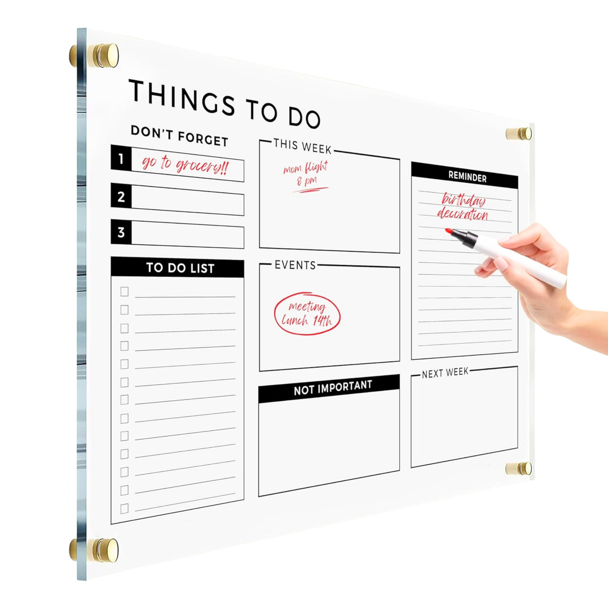 Acrylic Premium Wall Planner - Large Glass Calendar for Wall - to Do List Reminder - Large Dry Erase Board - Reusable Board for Office and Home - Dry Erase Board (Gold Standoff, 18"x14" (Small))