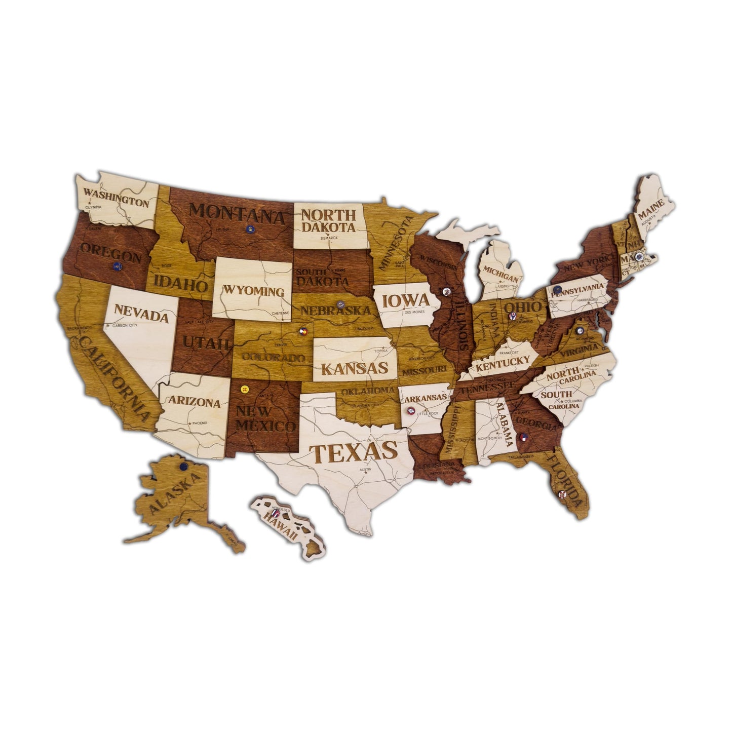Wooden USA Map Visited Places - Wood United States Map with Push Pins - 3D US States Travel Tracker Wall Art Decor - Wooden America Atlas - New Home Gift (Nature)