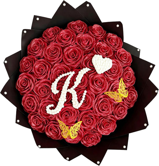 (Self-Assembly) Glitter Rose Bouquet with Initial, DIY Artificial Flowers | Custom Ribbon Text,DIY Glitter Rose Bouquet,Eternal Glitter Bouquet for Valentine's Day, Anniversary, Proposal, Birthday Gift