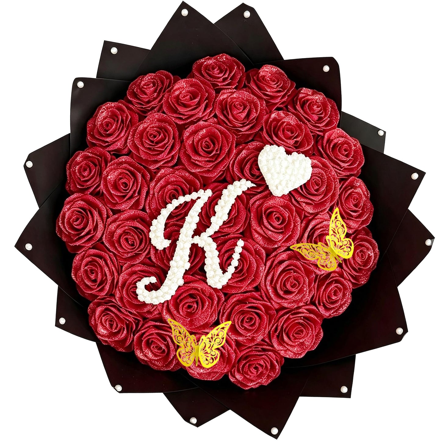 (Self-Assembly) Glitter Rose Bouquet with Initial, DIY Artificial Flowers | Custom Ribbon Text,DIY Glitter Rose Bouquet,Eternal Glitter Bouquet for Valentine's Day, Anniversary, Proposal, Birthday Gift
