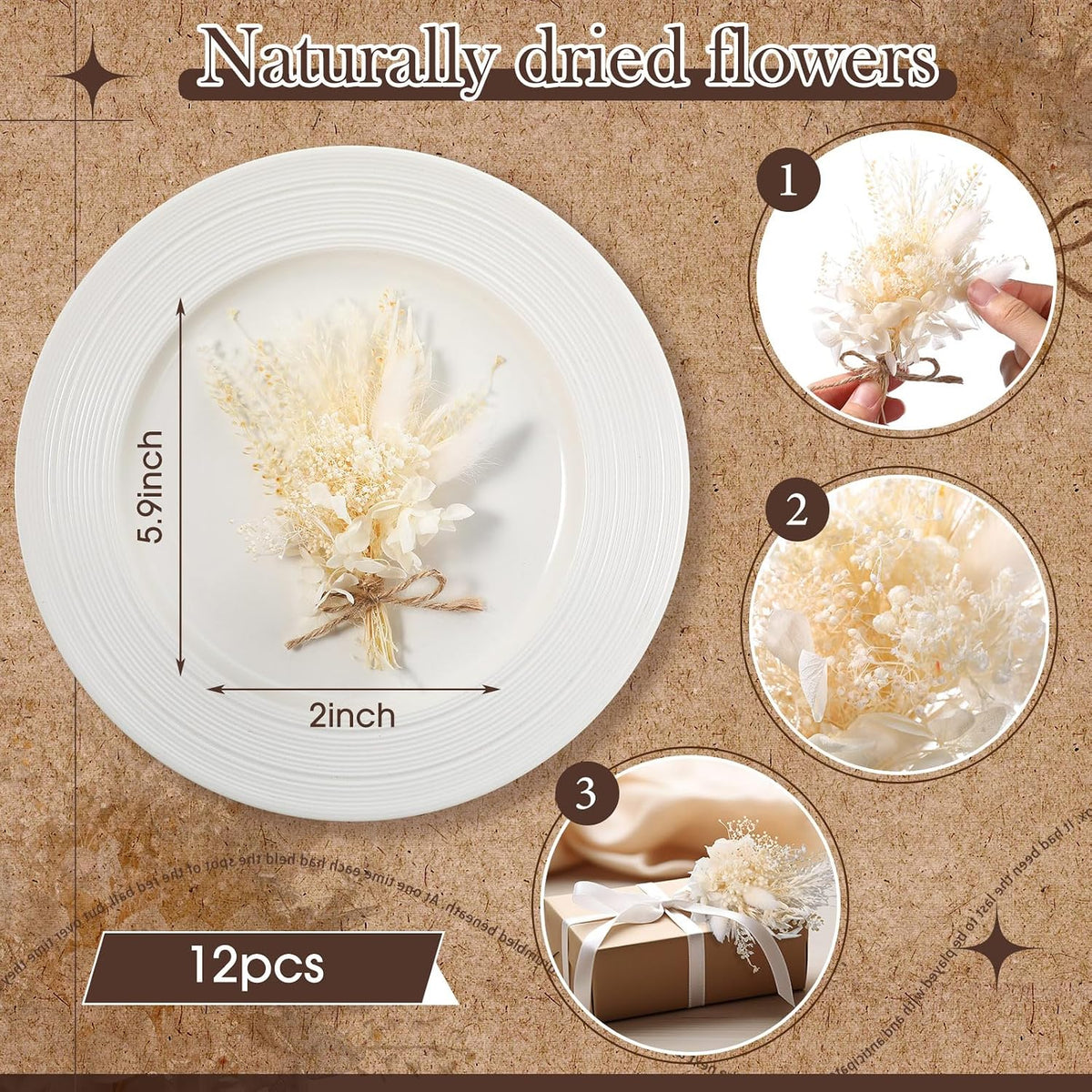 12 Pcs Mini Dried Flower Bouquet for Boho Floral Wedding 6'' Small Dry Pampas Grass Handmade Tiny Dried Flower for Crafts DIY Boutonniere Table Centerpieces Bridesmaid Gift Box(White,Classic)