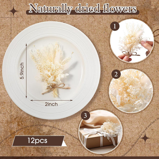 12 Pcs Mini Dried Flower Bouquet for Boho Floral Wedding 6'' Small Dry Pampas Grass Handmade Tiny Dried Flower for Crafts DIY Boutonniere Table Centerpieces Bridesmaid Gift Box(White,Classic)