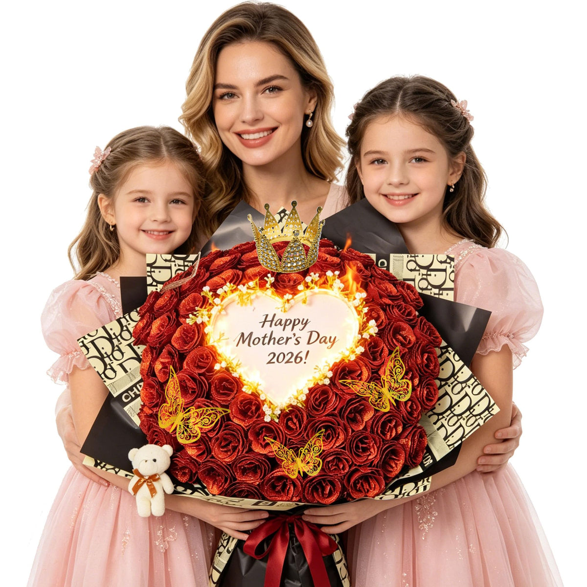 Light Pink Glitter Flower Bouquet, 36 Pcs DIY Artificial Glitter Rose Bouquet with Bear & Butterfly & Golden Crown, Eternal Flowers Gifts for Her, Girlfriend, Valentines, Birthday, Mother's Day