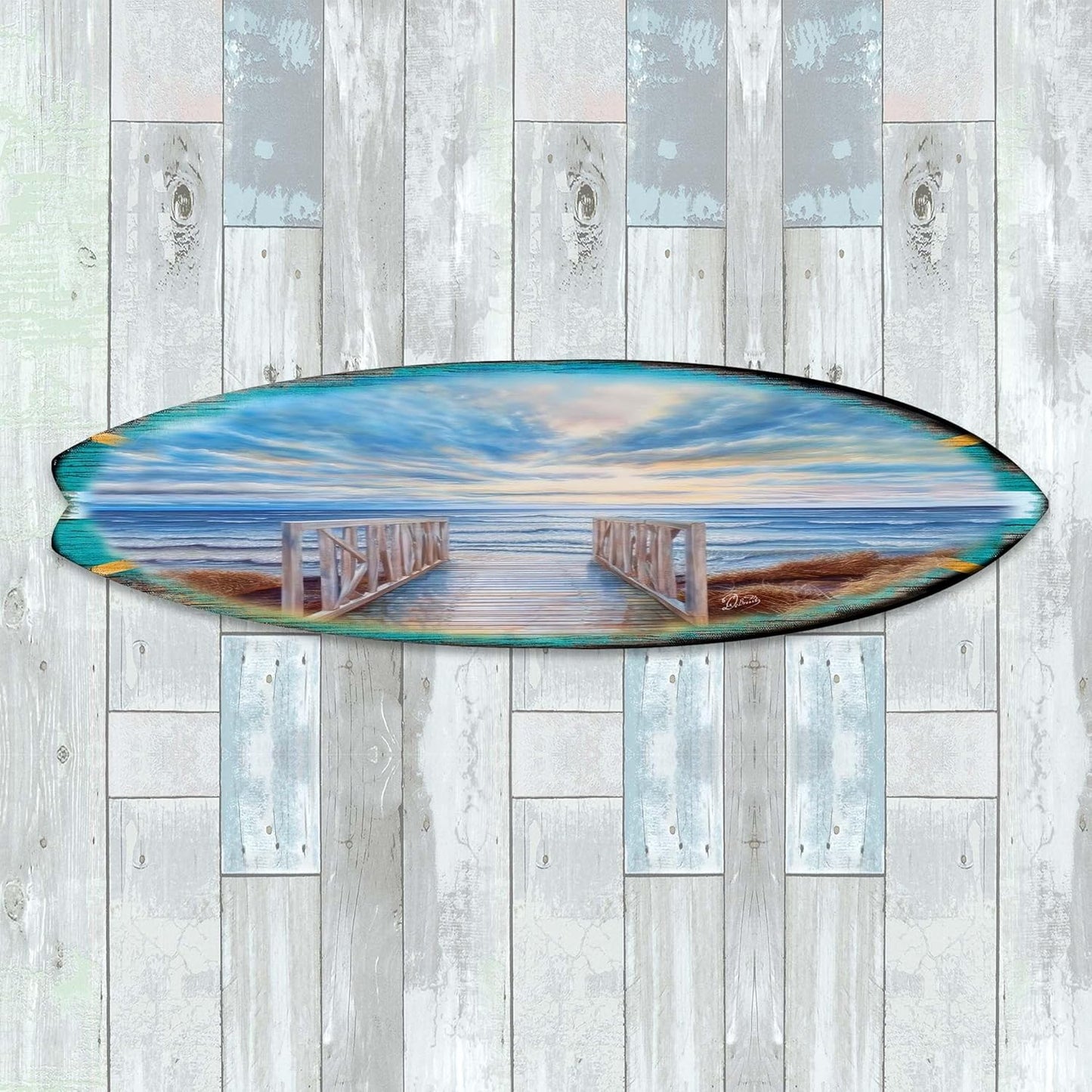 36-inch Wooden Pier Surfboard Wall Art, Handcrafted Coastal Holiday Décor by G. Debrekht