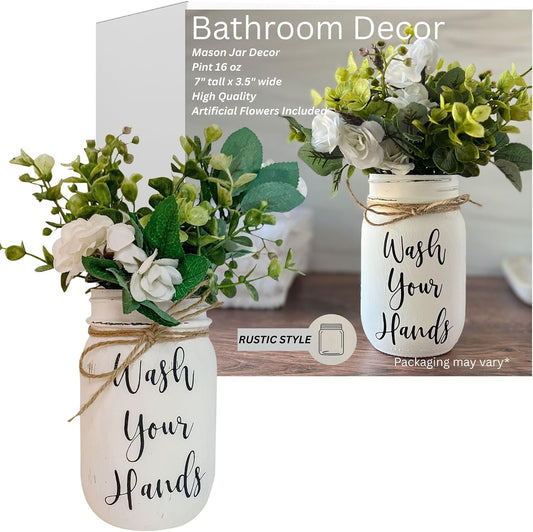Wash Your Hands Mason Jar, Hand Painted and Distressed Mason Jar Decor, Pint 16 oz. Regular Mouth, Artificial Flower Arrangement for Bathroom, Rustic Farmhouse Bathroom Decor for Shelf