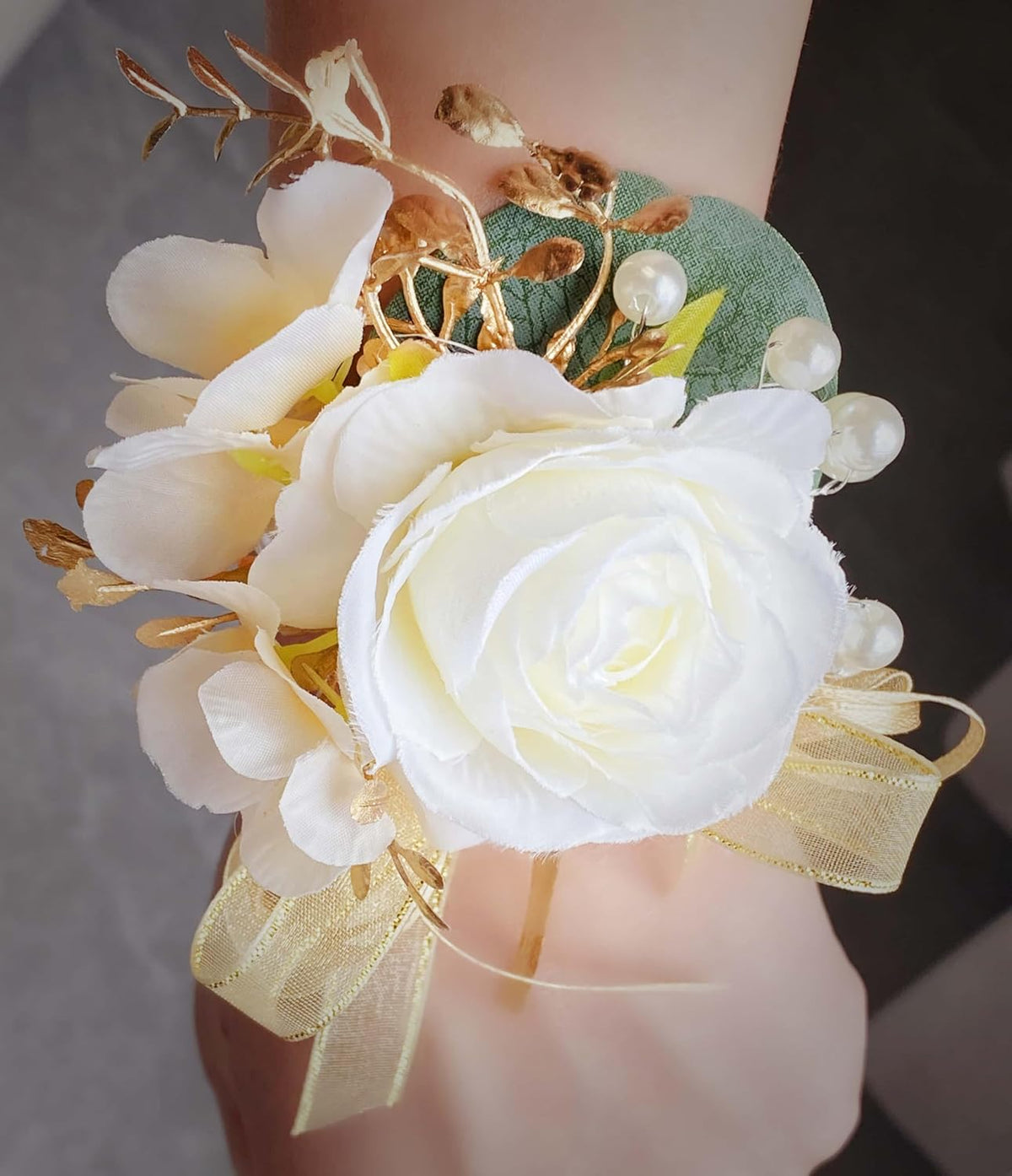 Champagne 2Pcs Wedding Corsage & Boutonniere Set | Prom, Anniversary, Formal Dinner Party, Ring Bearer, Niece, Wrist Bracelet, Groom Accessories