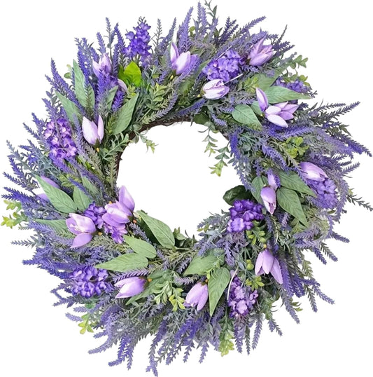 26" Purple Tulip and Lavender Wreath - Artificial Spring Summer Flower Wreath for Outside - Silk Lavender Floral Decor for Front Door, Farmhouse Cottagecore Wall Hanging